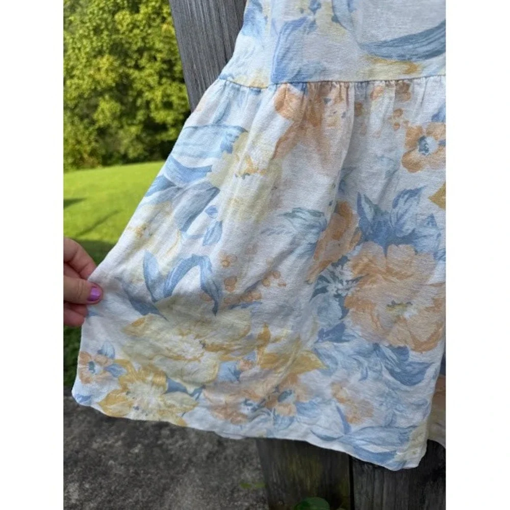 Cottagecore Boho Abercrombie & Fitch Maxi Dress MT Blue Floral Tiered Linen